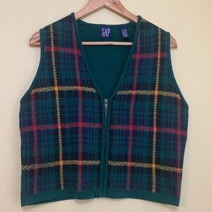 Gap | Green Red Yellow Black Plaid Knit 100% Cotton Zip Up Unisex Sweater Vest S